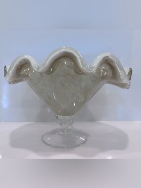Vtg Murano Style Art Glass Pedestal Bowl Opalescent Ruffled Rim 9” Hand Blown MC